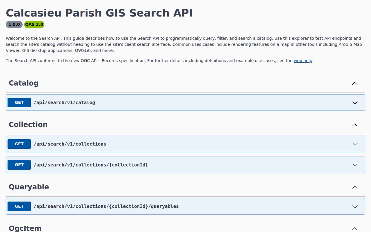 Calcasieu Parish GIS Search API definition page for map and parcel queries